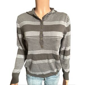 Long sleeve gray stripe half button Henley hoodie sweatshirt top M